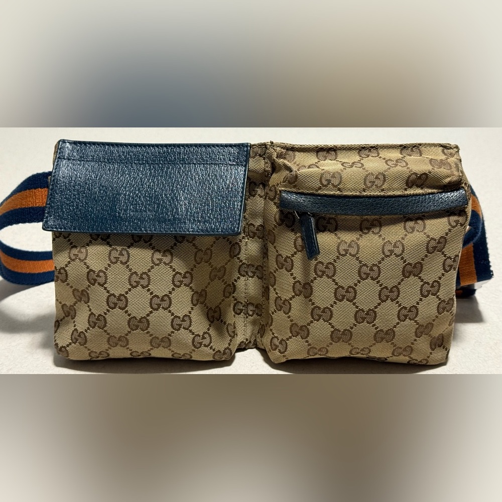 Gucci Beige GG Canvas Double Pocket Belt Bag with Navy Trim
